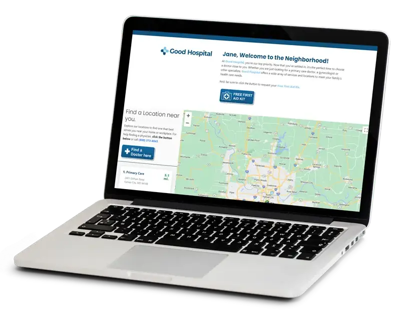 Laptop displaying personalized healthcare landing page for new movers with interactive proximity map to nearby medical facilities